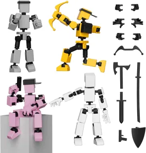 4PCS Mini Titan T-13 Action Figures Set, Assembly Completed Luck Dummy Robot 13 Action Figure Toys for Boys Stick Figures with Multi Joints Movable Fidget Gifts for Kids(White Gray Yellow Pink)