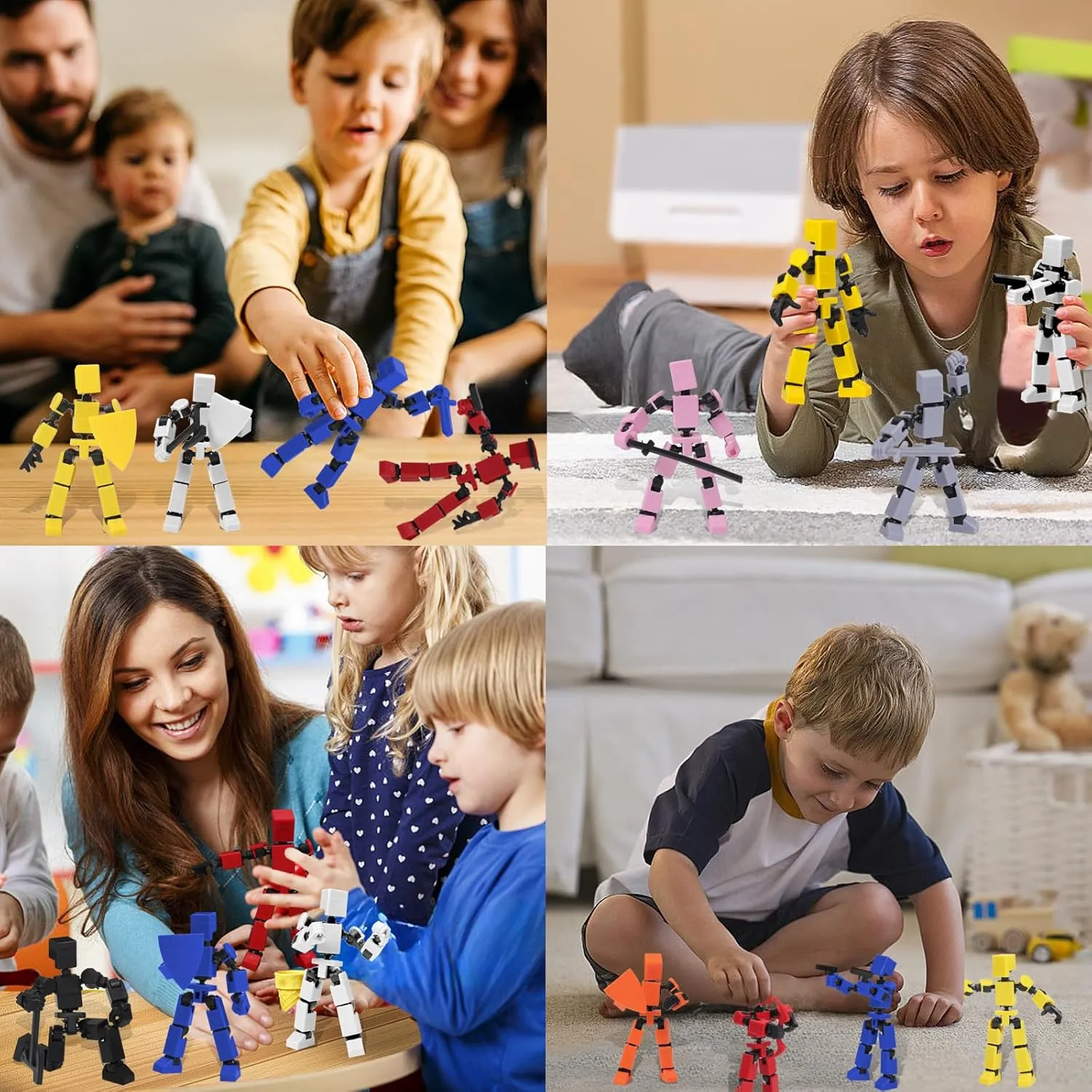 4PCS Mini Titan T-13 Action Figures Set, Assembly Completed Luck Dummy Robot 13 Action Figure Toys for Boys Stick Figures with Multi Joints Movable Fidget Gifts for Kids(White Gray Yellow Pink)