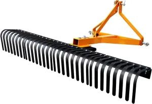 5 FT Landscape Rock Rake, 3 Point Attach Rake with 360 Degree Rotation Tow-Behind Garden Tool for Compact Tractors, Category 1