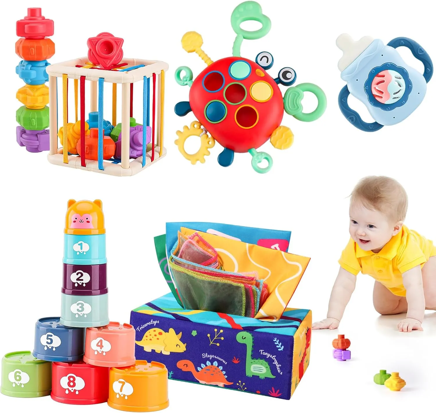 5 in 1 Montessori Baby Toys, 6-18 Months - Stacking Cups, Shape Sorter Cube, Sensory Toys