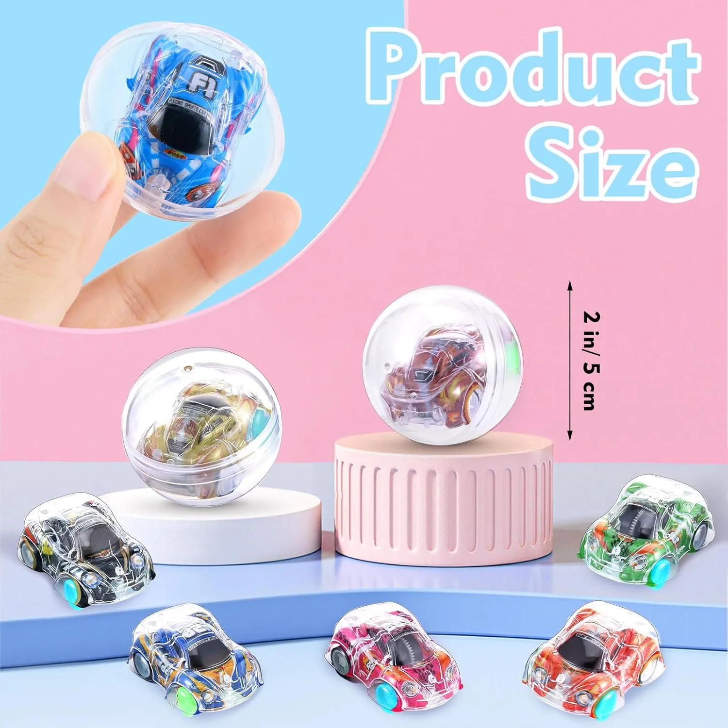 50 PCS Gumball Capsules Toy 2 Inches Contain Filled Pull Back Cars for Claw Machine for Kindergarten Gift Capsules Vending Machine Christmas Easter Basket Stuffers