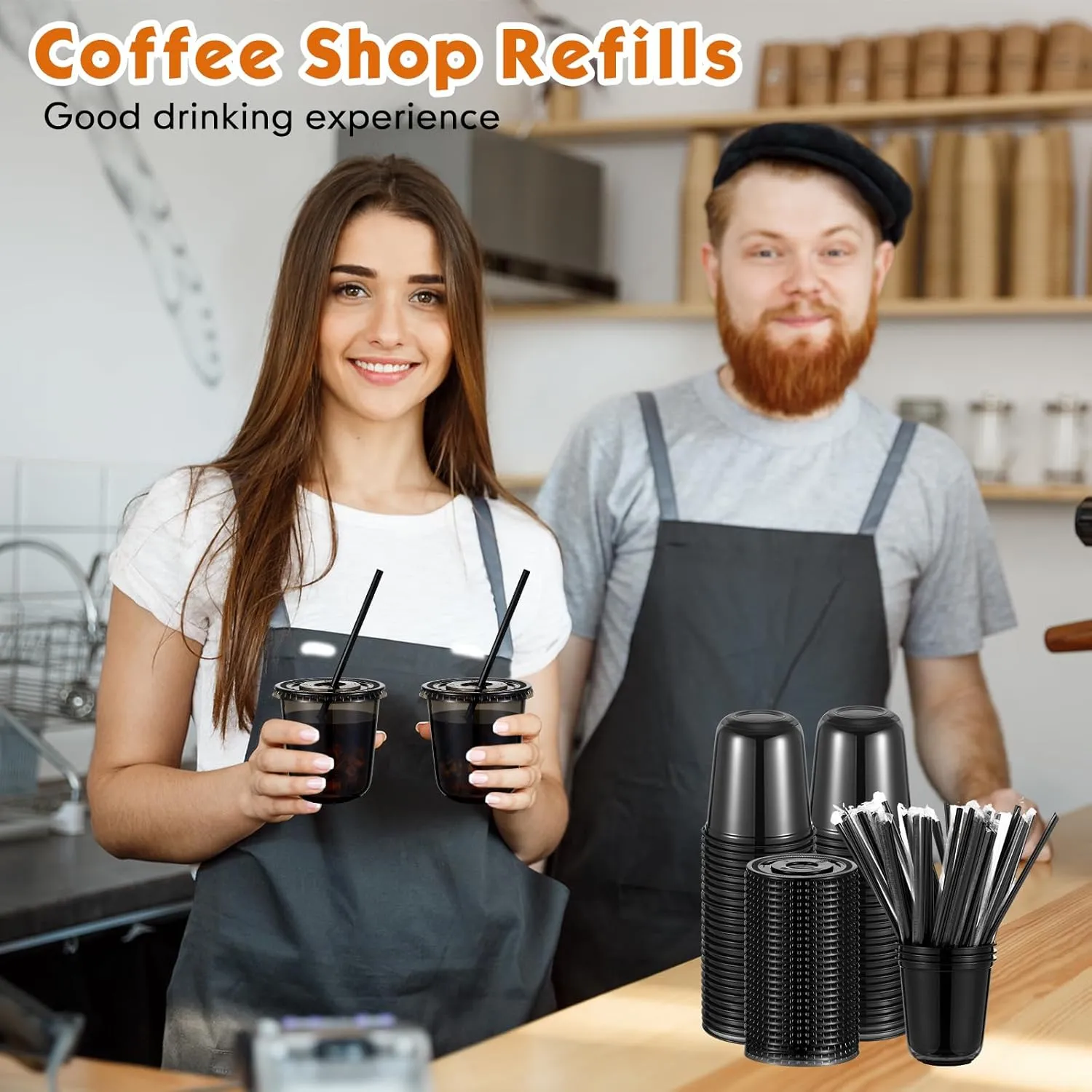 50 Set Clear Plastic Cups with Lids and Straws, PET Disposable Iced Coffee Cups for Drinking Cold Beverage Juice Parfait Smoothie Milkshake Coffee Shops Party Supplies(12 oz,Black)