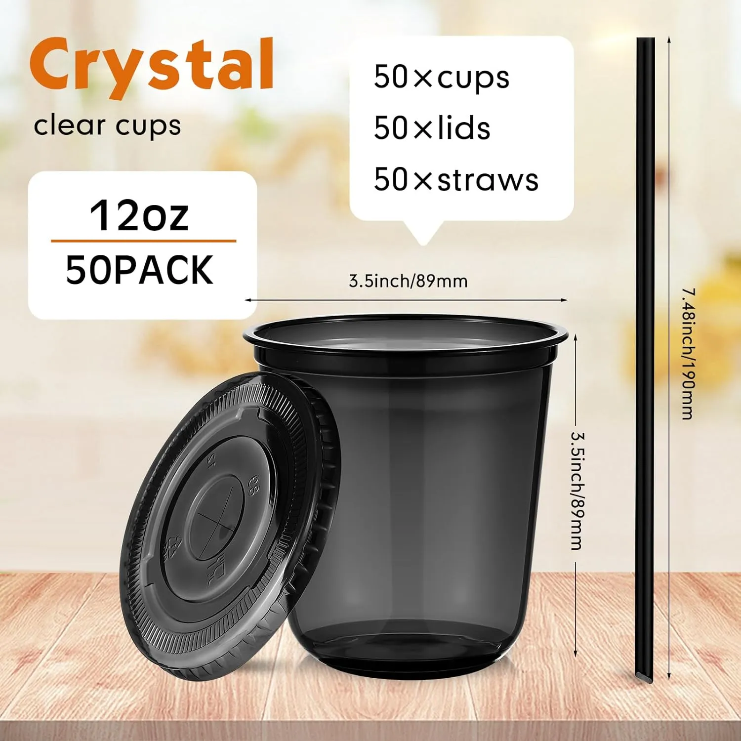 50 Set Clear Plastic Cups with Lids and Straws, PET Disposable Iced Coffee Cups for Drinking Cold Beverage Juice Parfait Smoothie Milkshake Coffee Shops Party Supplies(12 oz,Black)