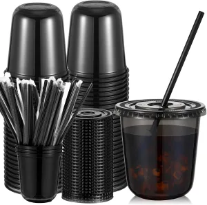 50 Set Clear Plastic Cups with Lids and Straws, PET Disposable Iced Coffee Cups for Drinking Cold Beverage Juice Parfait Smoothie Milkshake Coffee Shops Party Supplies(12 oz,Black)