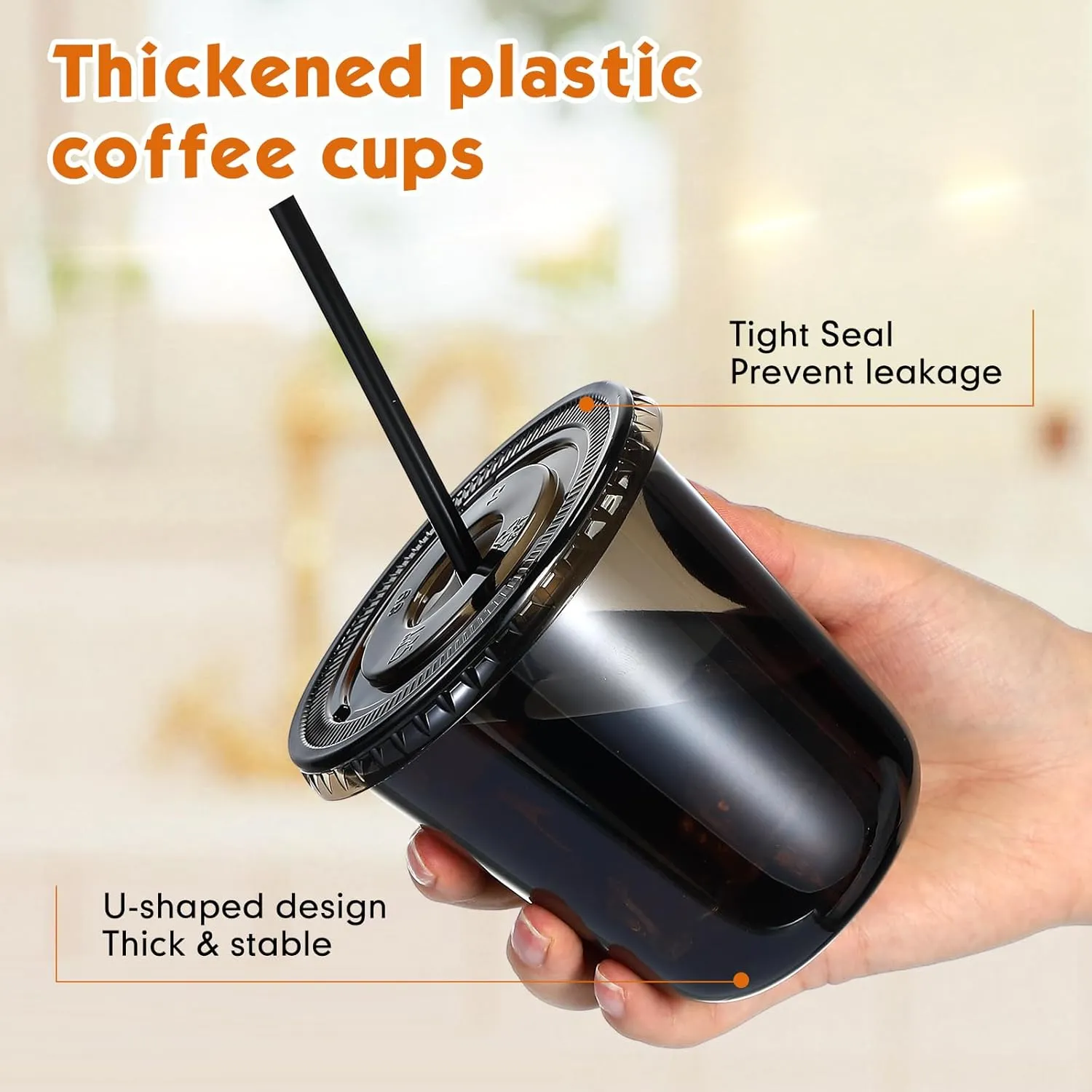 50 Set Clear Plastic Cups with Lids and Straws, PET Disposable Iced Coffee Cups for Drinking Cold Beverage Juice Parfait Smoothie Milkshake Coffee Shops Party Supplies(12 oz,Black)