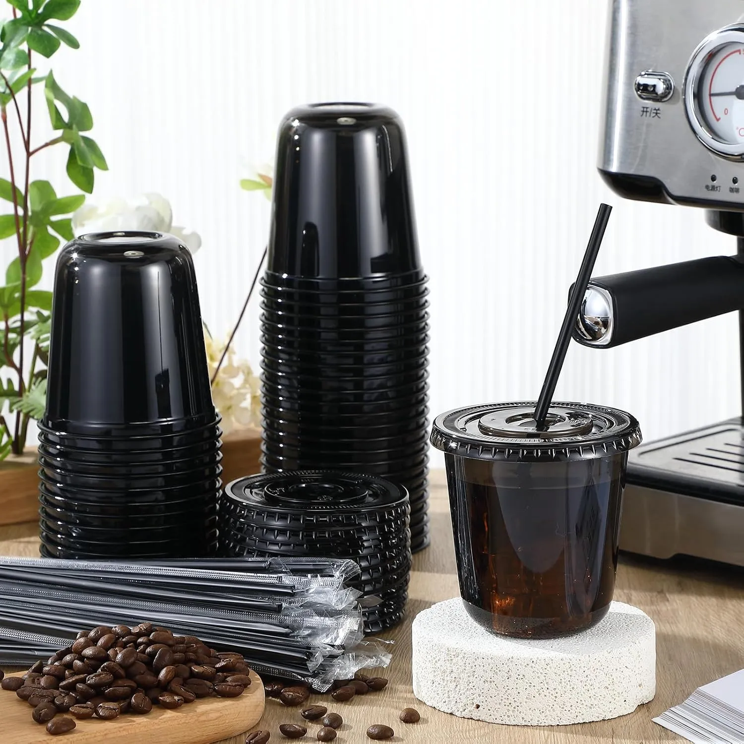 50 Set Clear Plastic Cups with Lids and Straws, PET Disposable Iced Coffee Cups for Drinking Cold Beverage Juice Parfait Smoothie Milkshake Coffee Shops Party Supplies(12 oz,Black)
