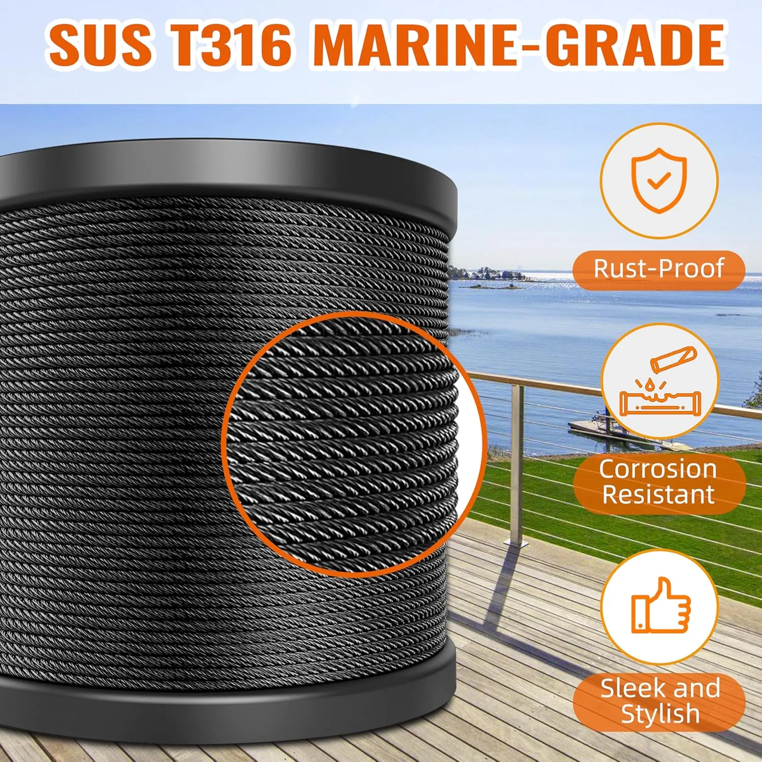500 ft 1/8" Black Stainless Steel Cable with Cable Cutter, T316L Wire Rope Black Cable Railing Hardware kit for Deck Railing System