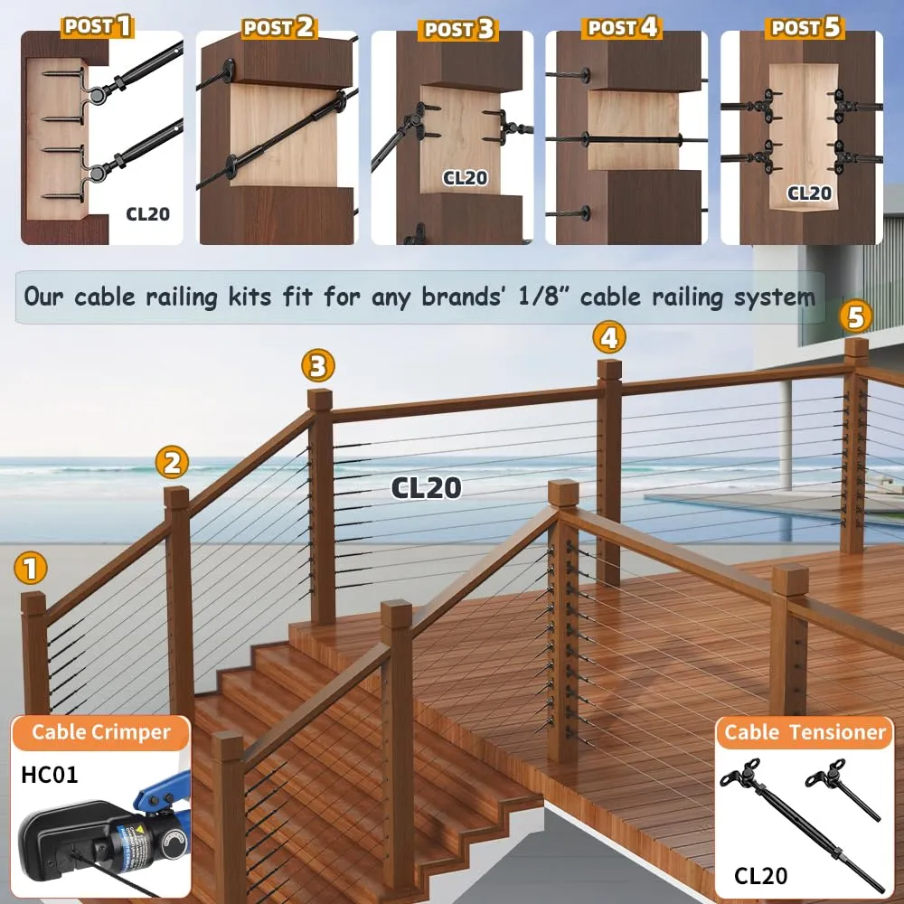 500 ft 1/8" Black Stainless Steel Cable with Cable Cutter, T316L Wire Rope Black Cable Railing Hardware kit for Deck Railing System