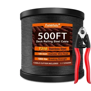 500 ft 1/8" Black Stainless Steel Cable with Cable Cutter, T316L Wire Rope Black Cable Railing Hardware kit for Deck Railing System