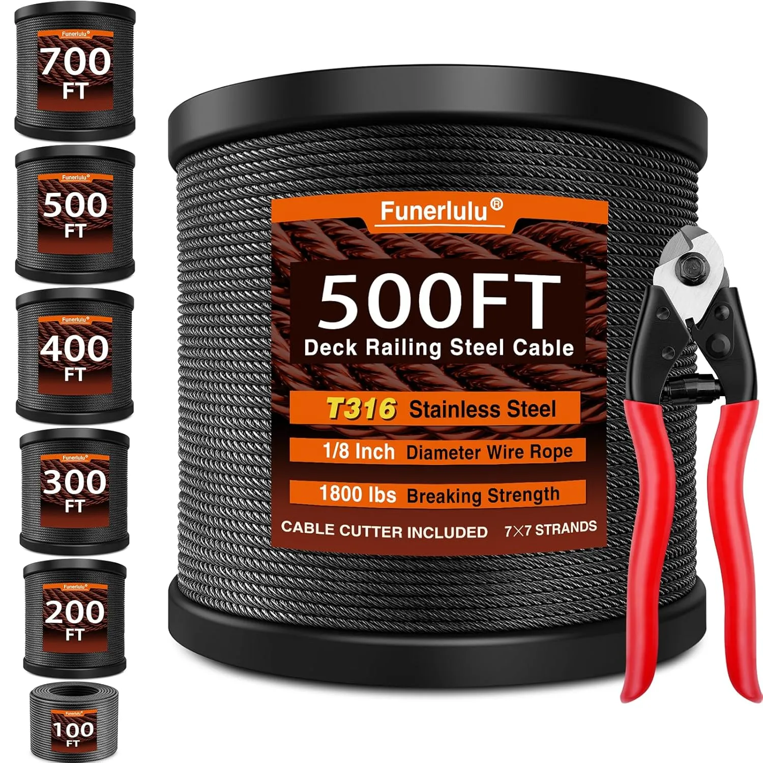 500 ft 1/8" Black Stainless Steel Cable with Cable Cutter, T316L Wire Rope Black Cable Railing Hardware kit for Deck Railing System