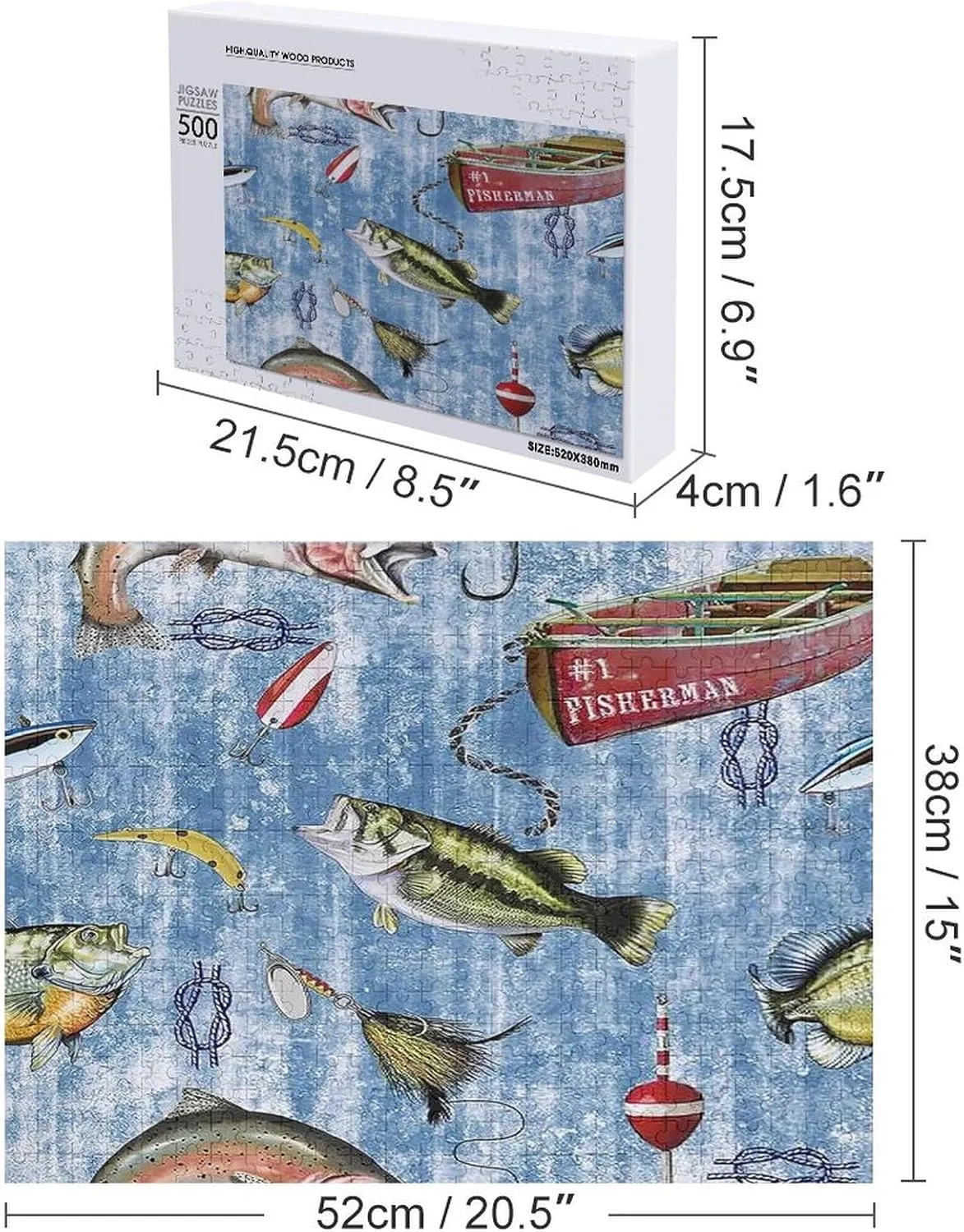 500 Piece Jigsaw Puzzle for Adults and Families - Nautical Fish Ocean Fishing Bass Fish Fishing Puzzles Poster Family Reunion Puzzle, Toys for Boys and Girls