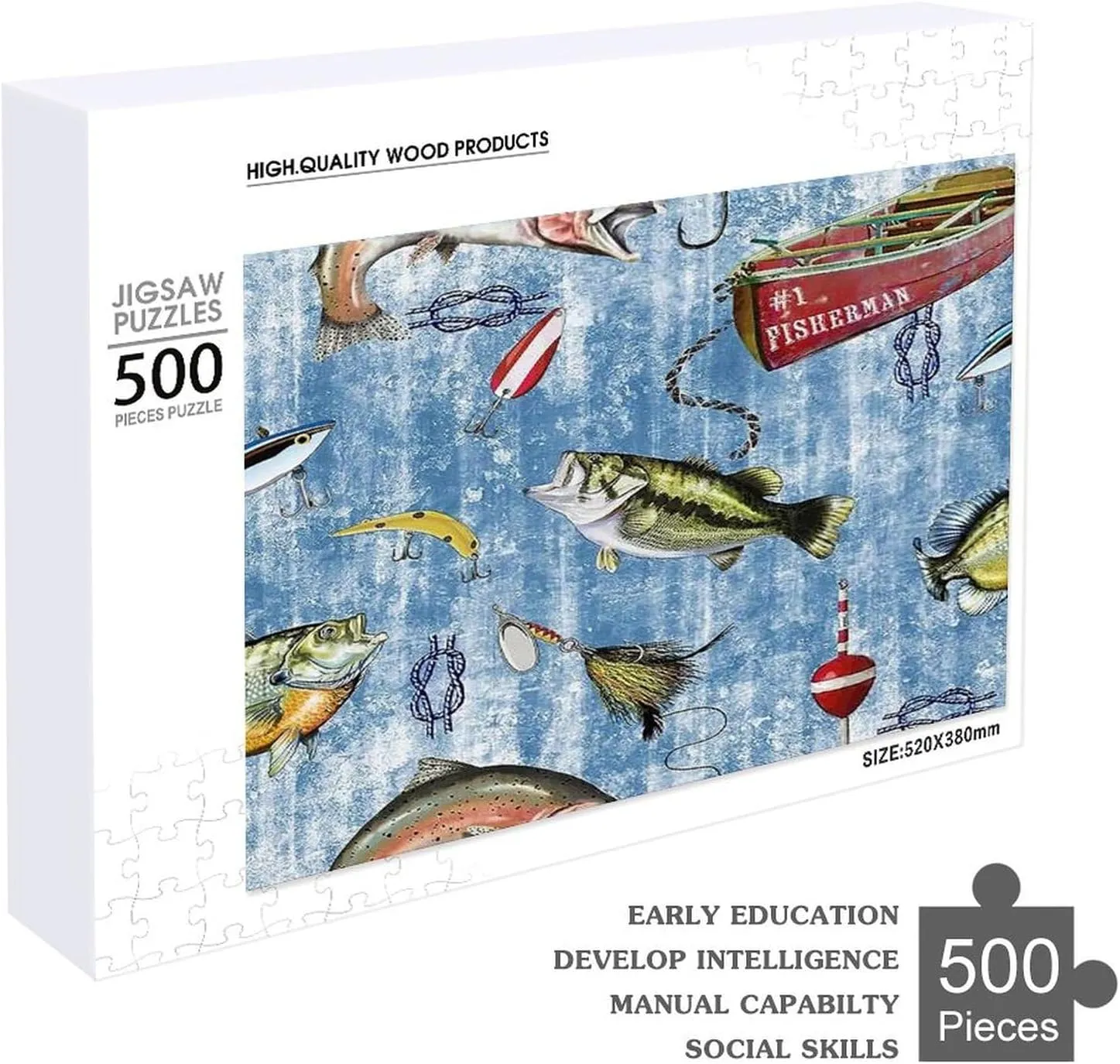 500 Piece Jigsaw Puzzle for Adults and Families - Nautical Fish Ocean Fishing Bass Fish Fishing Puzzles Poster Family Reunion Puzzle, Toys for Boys and Girls