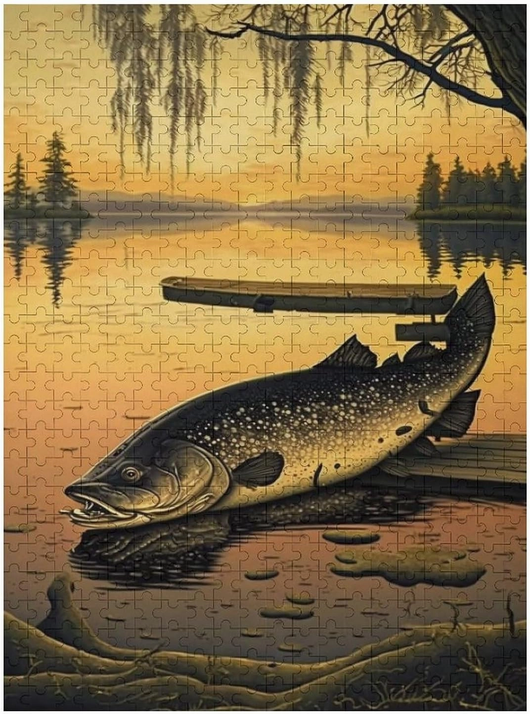 500 Pieces Stranded Fish Jigsaw Puzzles for Adults - Yellow Sunset Lake & Animal Puzzles, Family Parent-Child Interaction & Gifts