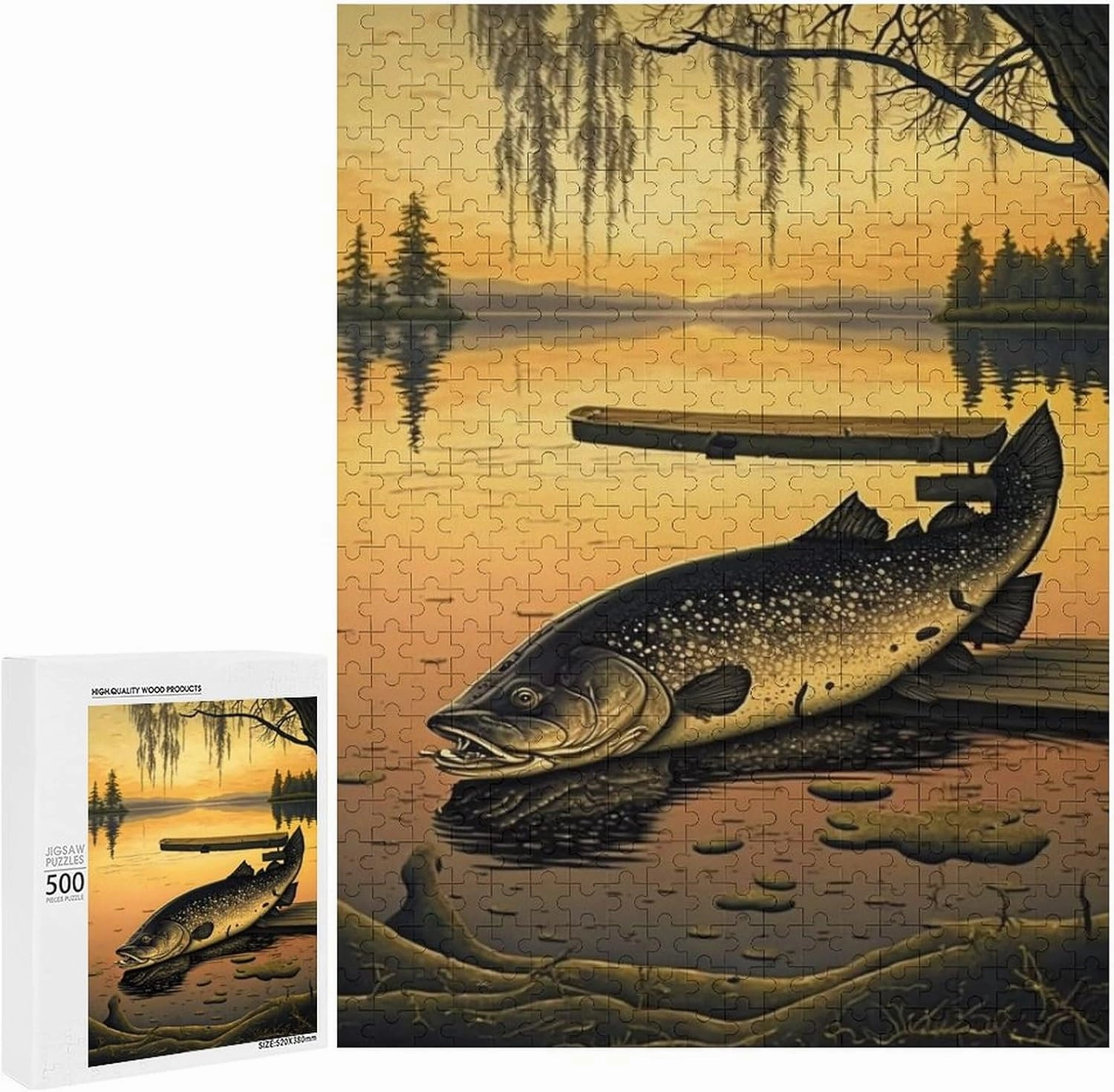 500 Pieces Stranded Fish Jigsaw Puzzles for Adults - Yellow Sunset Lake & Animal Puzzles, Family Parent-Child Interaction & Gifts