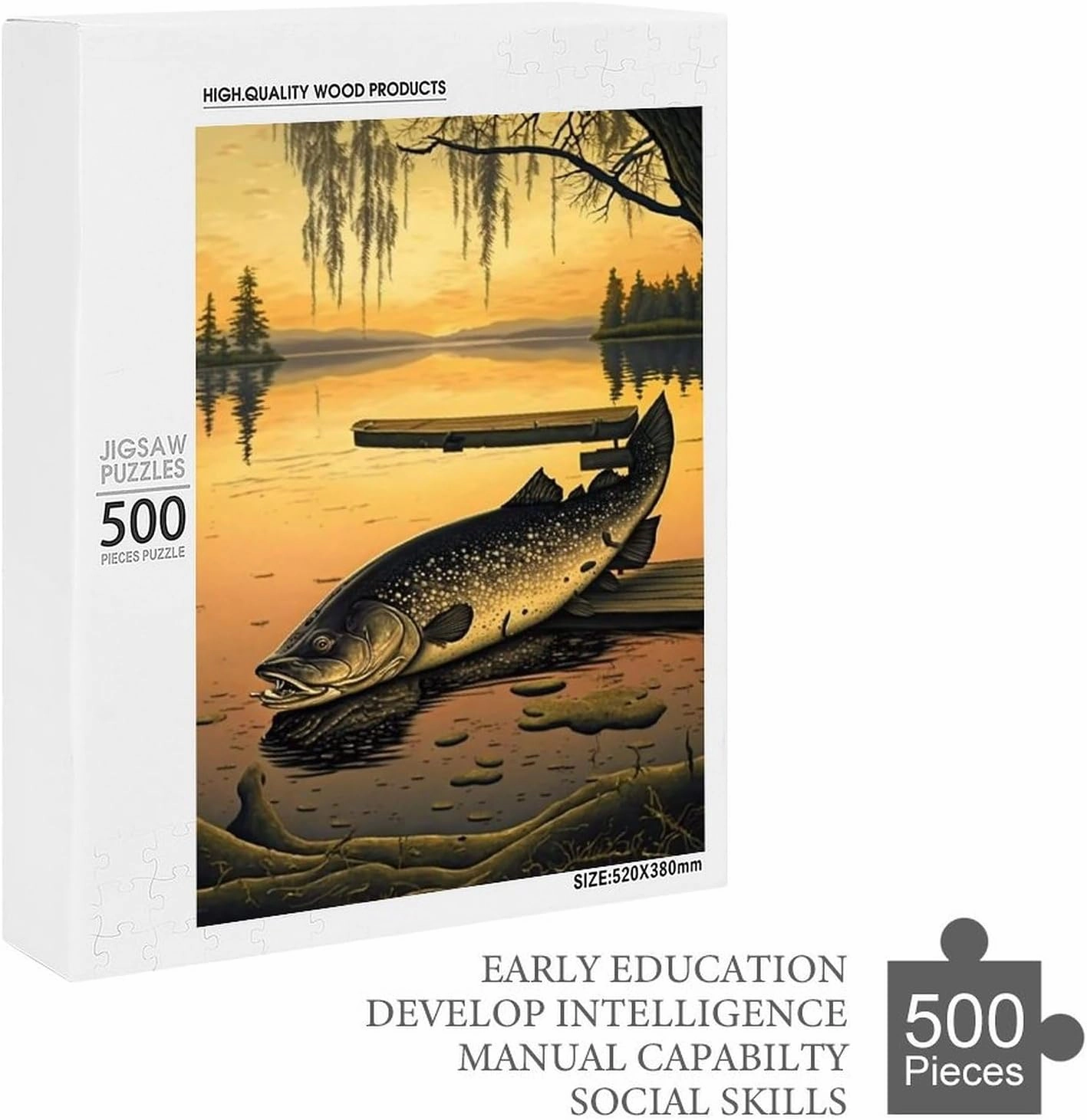 500 Pieces Stranded Fish Jigsaw Puzzles for Adults - Yellow Sunset Lake & Animal Puzzles, Family Parent-Child Interaction & Gifts