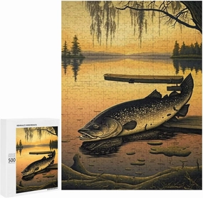 500 Pieces Stranded Fish Jigsaw Puzzles for Adults - Yellow Sunset Lake & Animal Puzzles, Family Parent-Child Interaction & Gifts