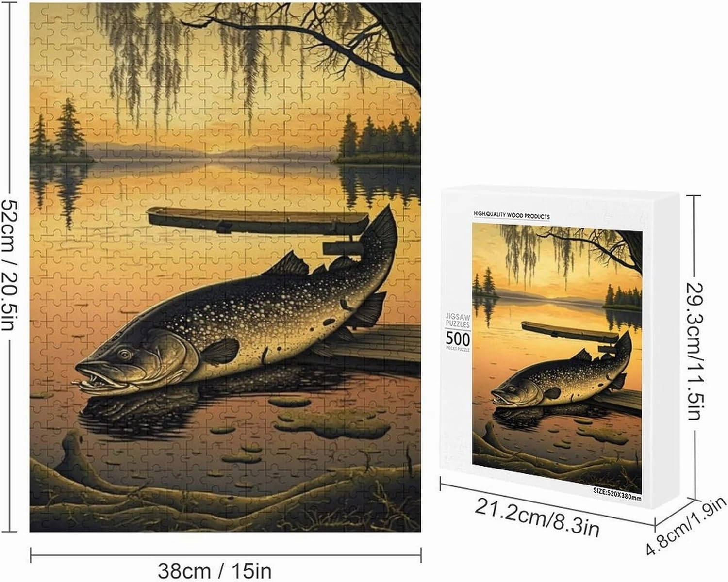 500 Pieces Stranded Fish Jigsaw Puzzles for Adults - Yellow Sunset Lake & Animal Puzzles, Family Parent-Child Interaction & Gifts