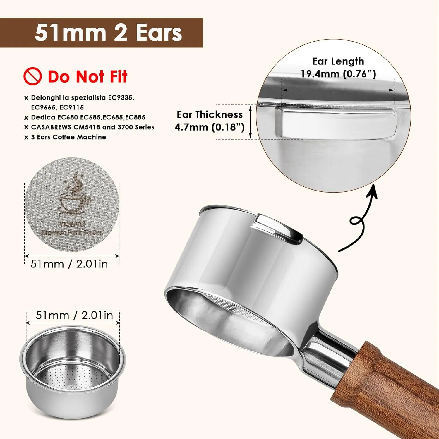 51MM Bottomless Portafilter 2 Ears-Fits Delonghi ECP3420/EC155/BCO430/EC260 with Puck Screen & 100% Stainless Steel Filter Basket,Walnut Handle