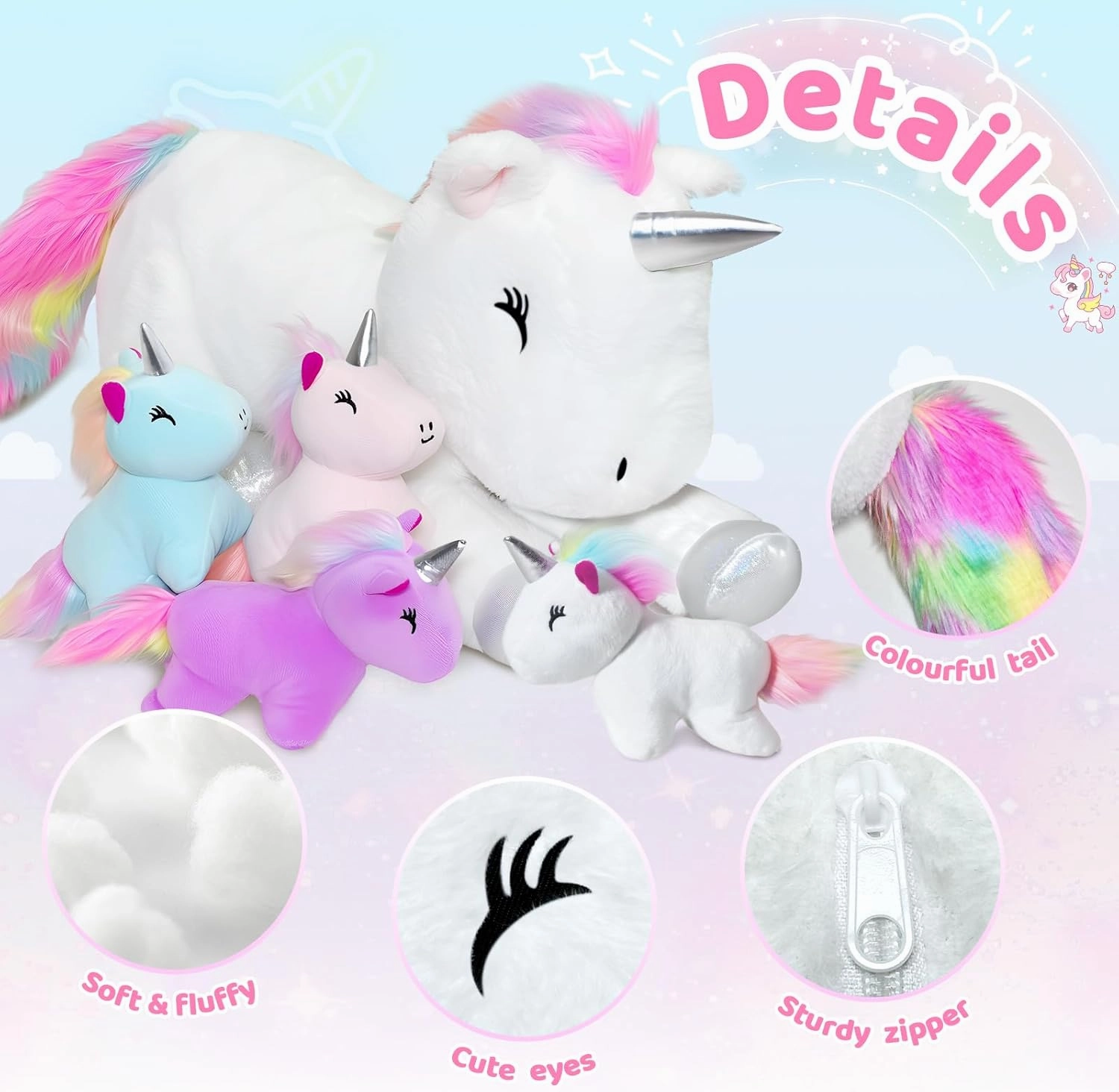 5-1 Unicorn Stuffed Animals with 4 Babies Plush Toy Set, 17.7inch Stuffed Soft Unicorn Plush Toy for 3 4 5 6 7 8 Years Toddler, Girls, Gift for Christmas, Birthday, Valentine's