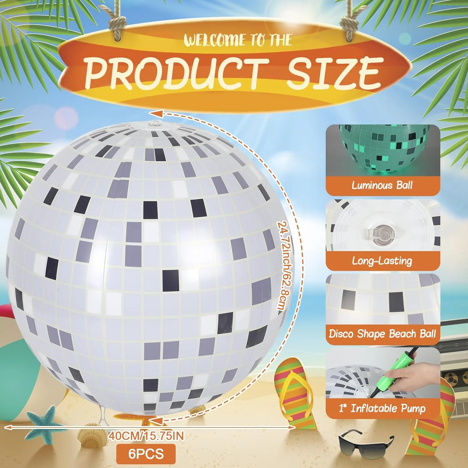 6 Pcs Inflatable Disco Beach Balls Disco Theme Party Decorations 24.7 Inch Blow Up Beach Balls Inflatable Swimming Pool Toys for Adults Outdoor Beach Sports Summer Party Favors