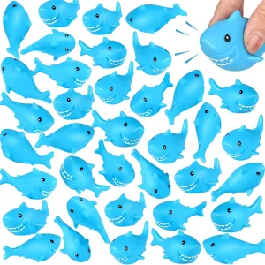 60 Pieces Rubber Sharks Blue Rubber Bath Sharks Cute Squeezable and Squeak Shark Small Bathtub Swimming Toys for Birthday Shower Bathtub Pool Party Favors