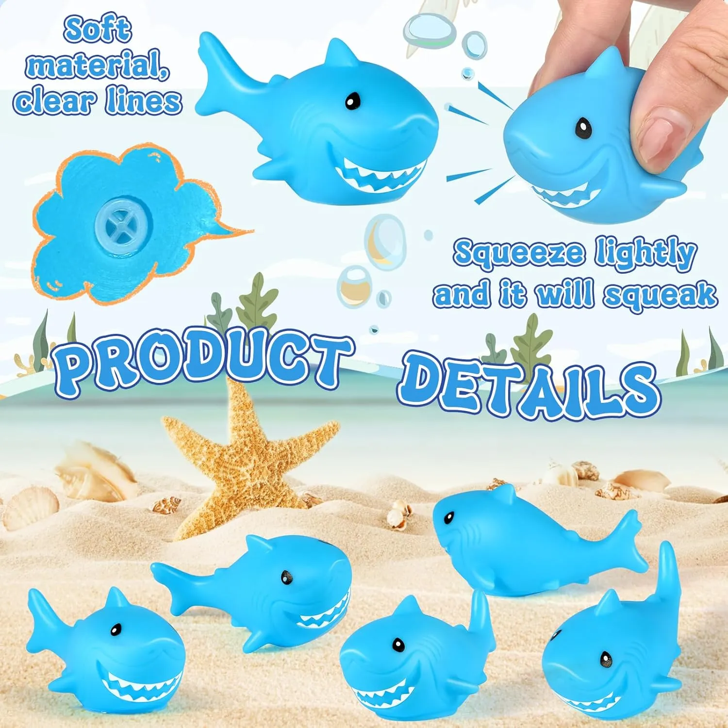 60 Pieces Rubber Sharks Blue Rubber Bath Sharks Cute Squeezable and Squeak Shark Small Bathtub Swimming Toys for Birthday Shower Bathtub Pool Party Favors
