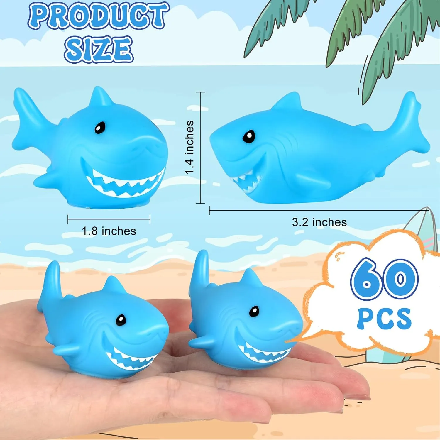 60 Pieces Rubber Sharks Blue Rubber Bath Sharks Cute Squeezable and Squeak Shark Small Bathtub Swimming Toys for Birthday Shower Bathtub Pool Party Favors