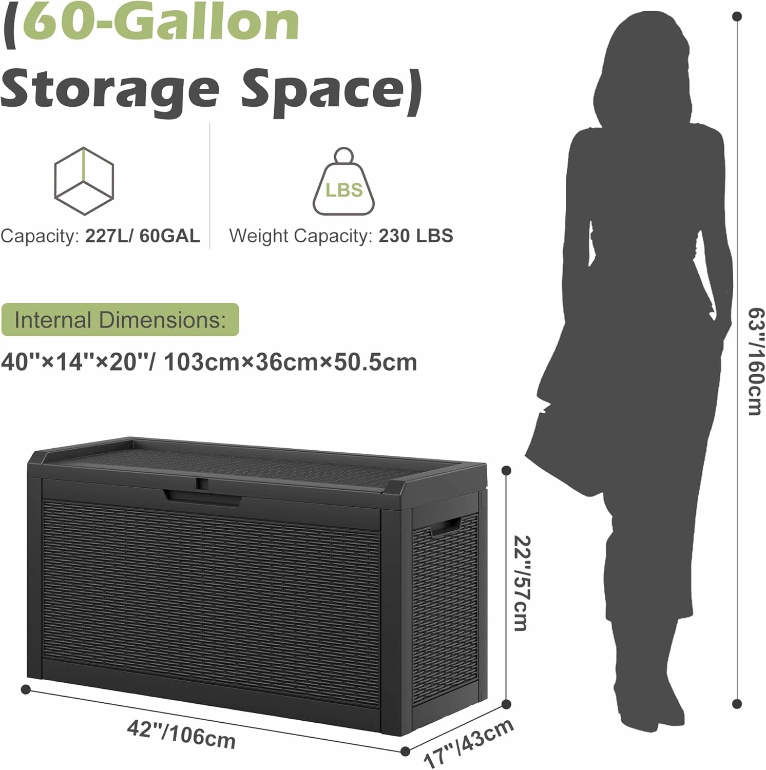 60 Gallon Resin Deck Box Large Outdoor Storage Box,Waterproof Outside Deck Box,Outdoor Storage Cabinet with Lockable Lid,Backyard Storage Bench for Garde Tools,Pool Tools,Patio Furniture,Tools