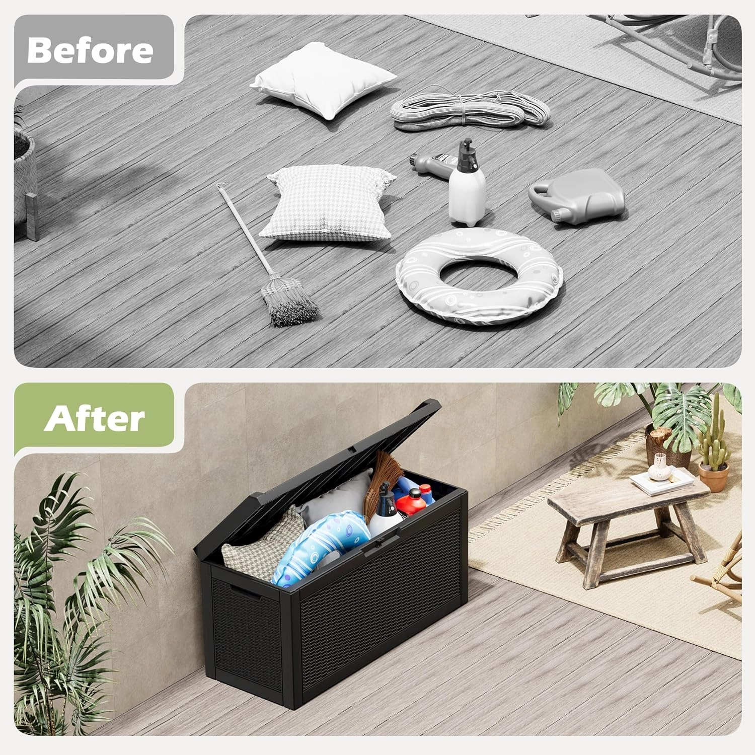 60 Gallon Resin Deck Box Large Outdoor Storage Box,Waterproof Outside Deck Box,Outdoor Storage Cabinet with Lockable Lid,Backyard Storage Bench for Garde Tools,Pool Tools,Patio Furniture,Tools