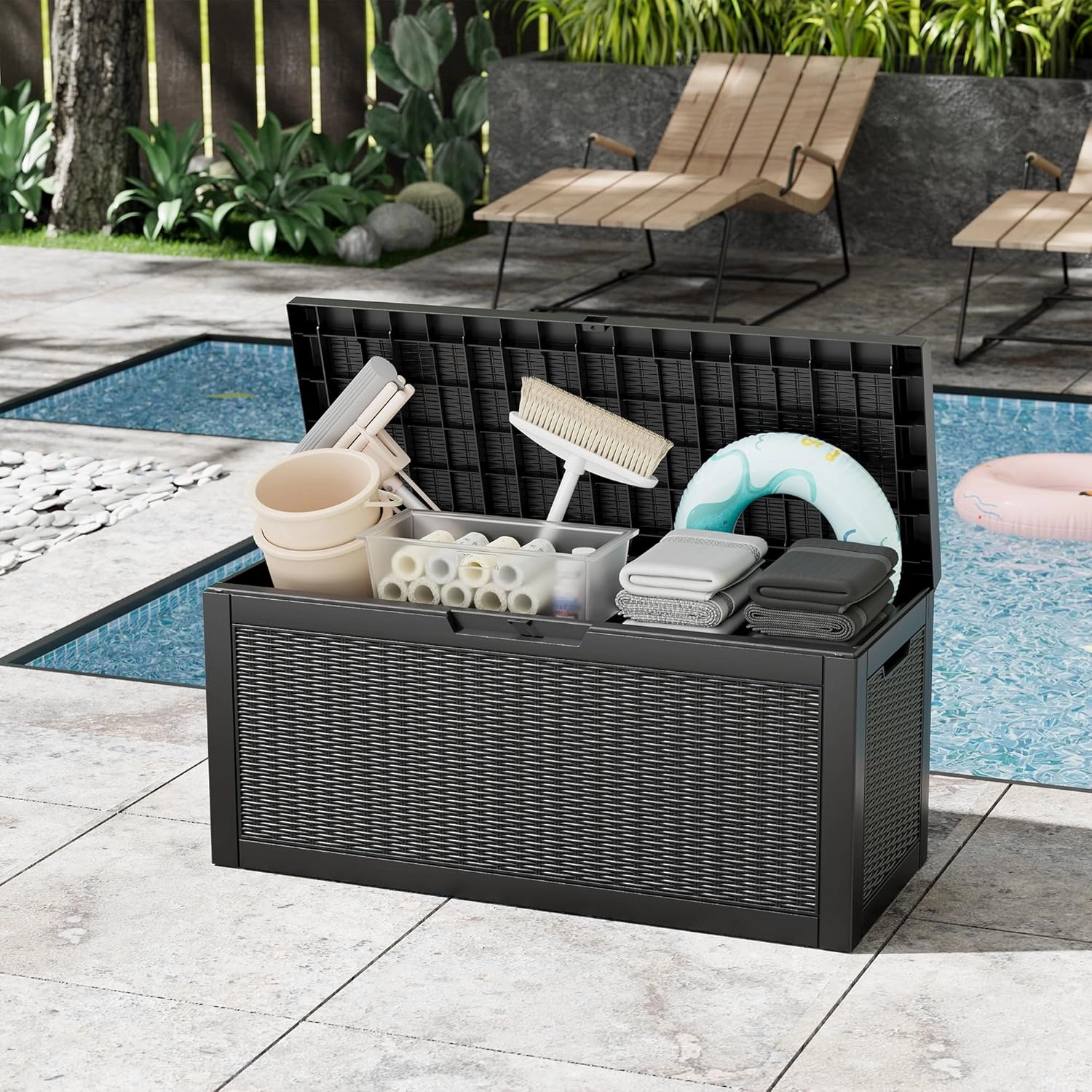 60 Gallon Resin Deck Box Large Outdoor Storage Box,Waterproof Outside Deck Box,Outdoor Storage Cabinet with Lockable Lid,Backyard Storage Bench for Garde Tools,Pool Tools,Patio Furniture,Tools