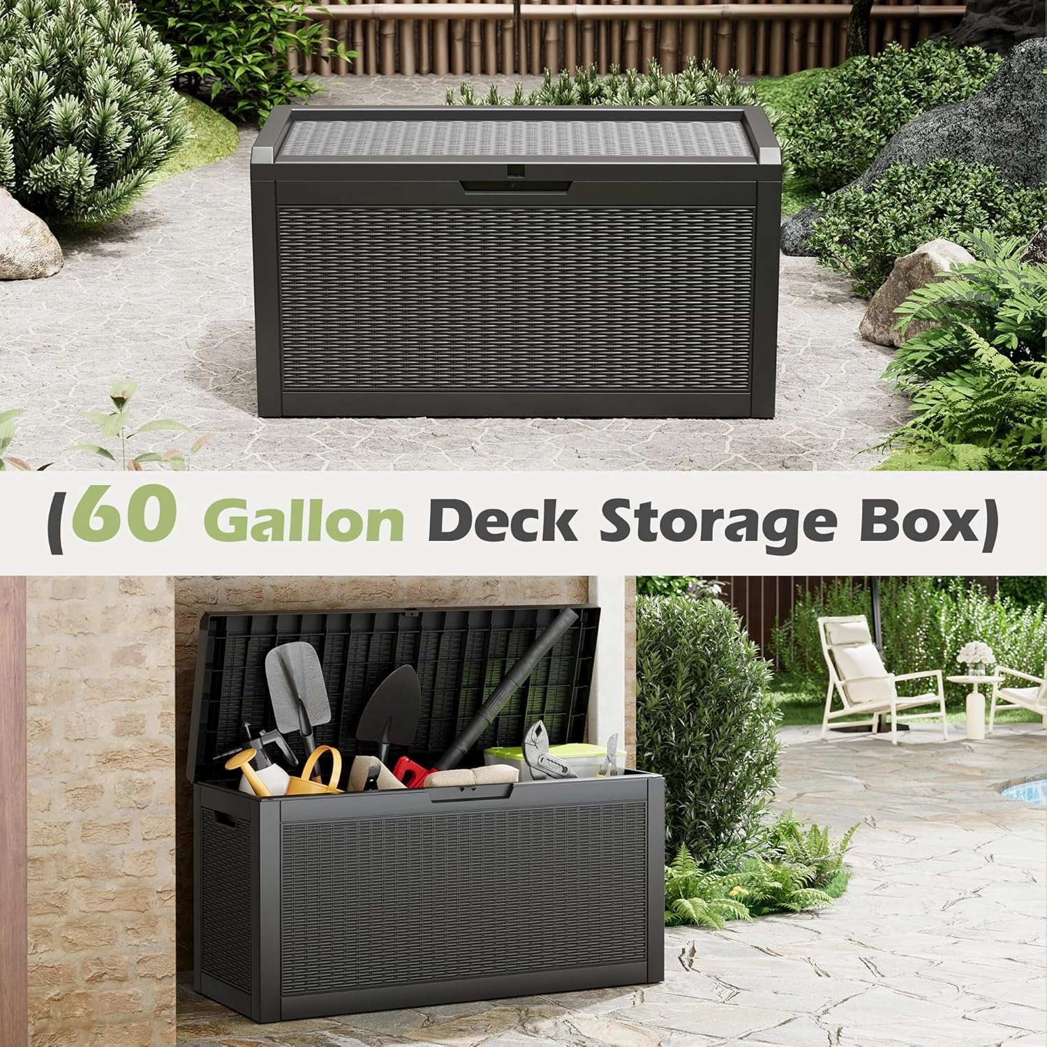 60 Gallon Resin Deck Box Large Outdoor Storage Box,Waterproof Outside Deck Box,Outdoor Storage Cabinet with Lockable Lid,Backyard Storage Bench for Garde Tools,Pool Tools,Patio Furniture,Tools