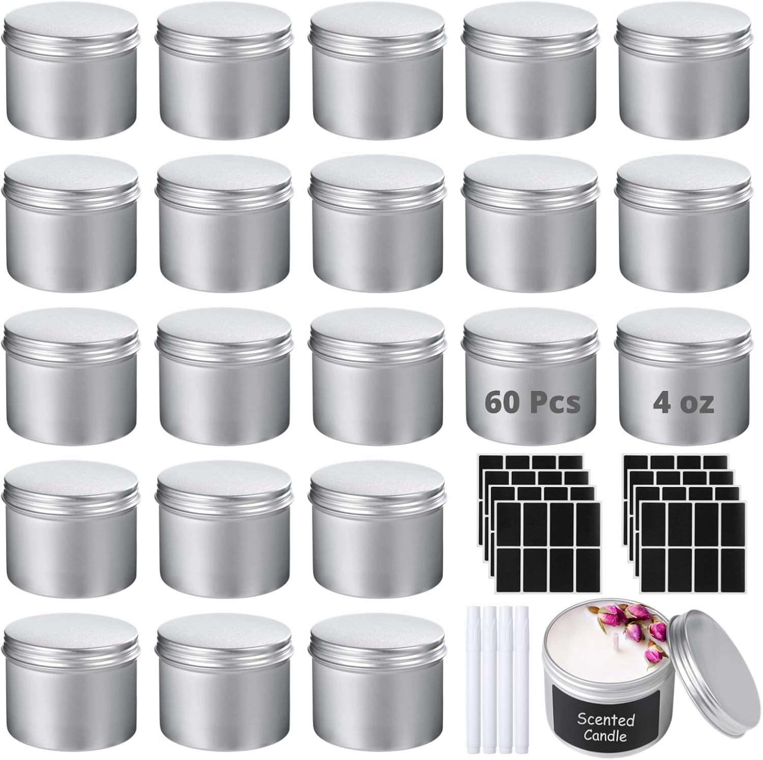 60PCS Metal Round Tins, 4 oz Aluminum Tin Cans Containers with Screw Lid for Lotion Bars, Balms, Salve, Spices or Beard Balm, DIY Candle Making Jar (60PCS)