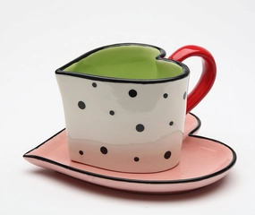 62368 Fine Ceramic Polka Dotted Heart Shape Cup and Saucer, 5-1/4"