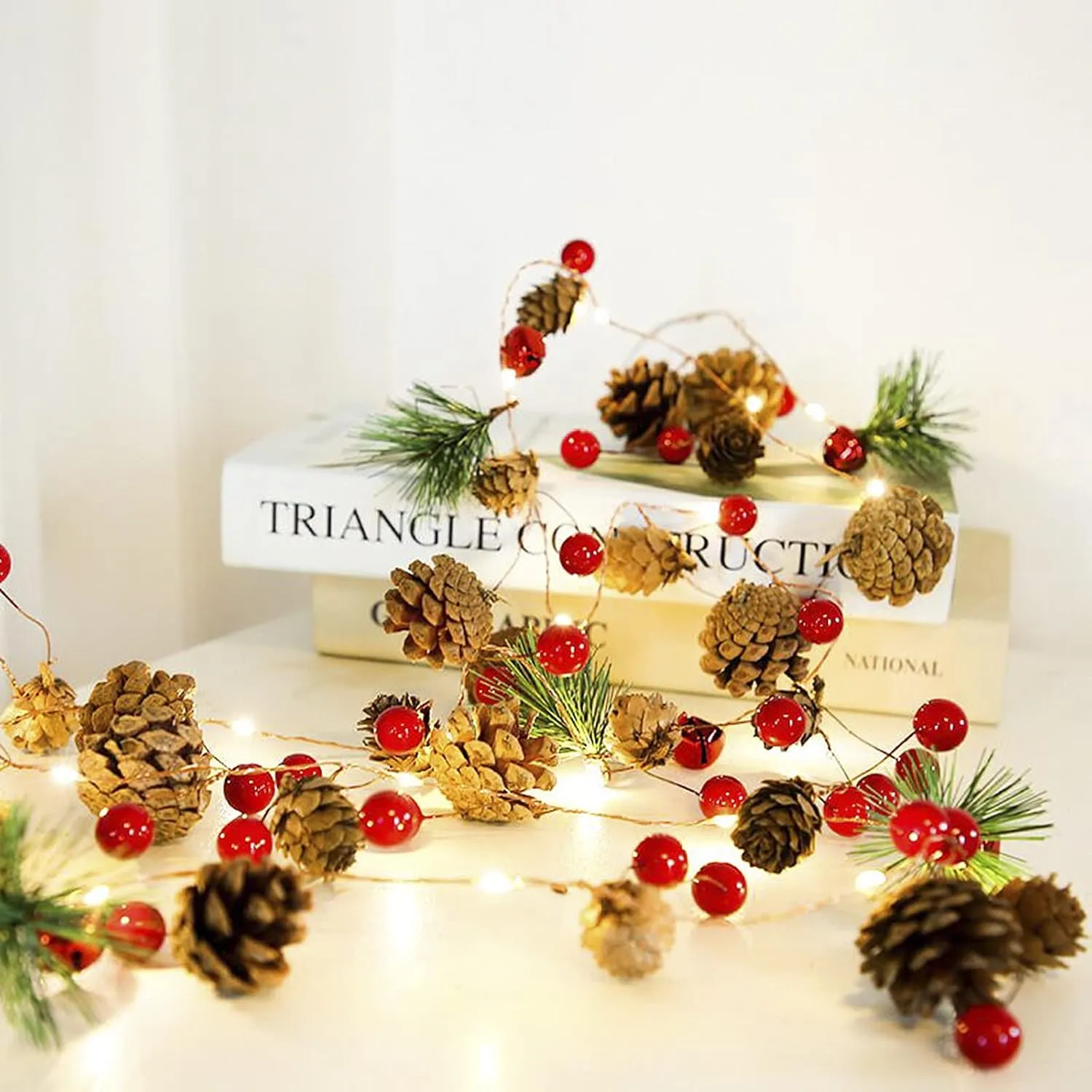 6.5 FT Christmas Garland with Lights, 20 LED Christmas String Lights with Red Berry Pine Cone, Fairy String Lights for Xmas New Year Indoor Outdoor Party Decorations