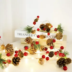 6.5 FT Christmas Garland with Lights, 20 LED Christmas String Lights with Red Berry Pine Cone, Fairy String Lights for Xmas New Year Indoor Outdoor Party Decorations