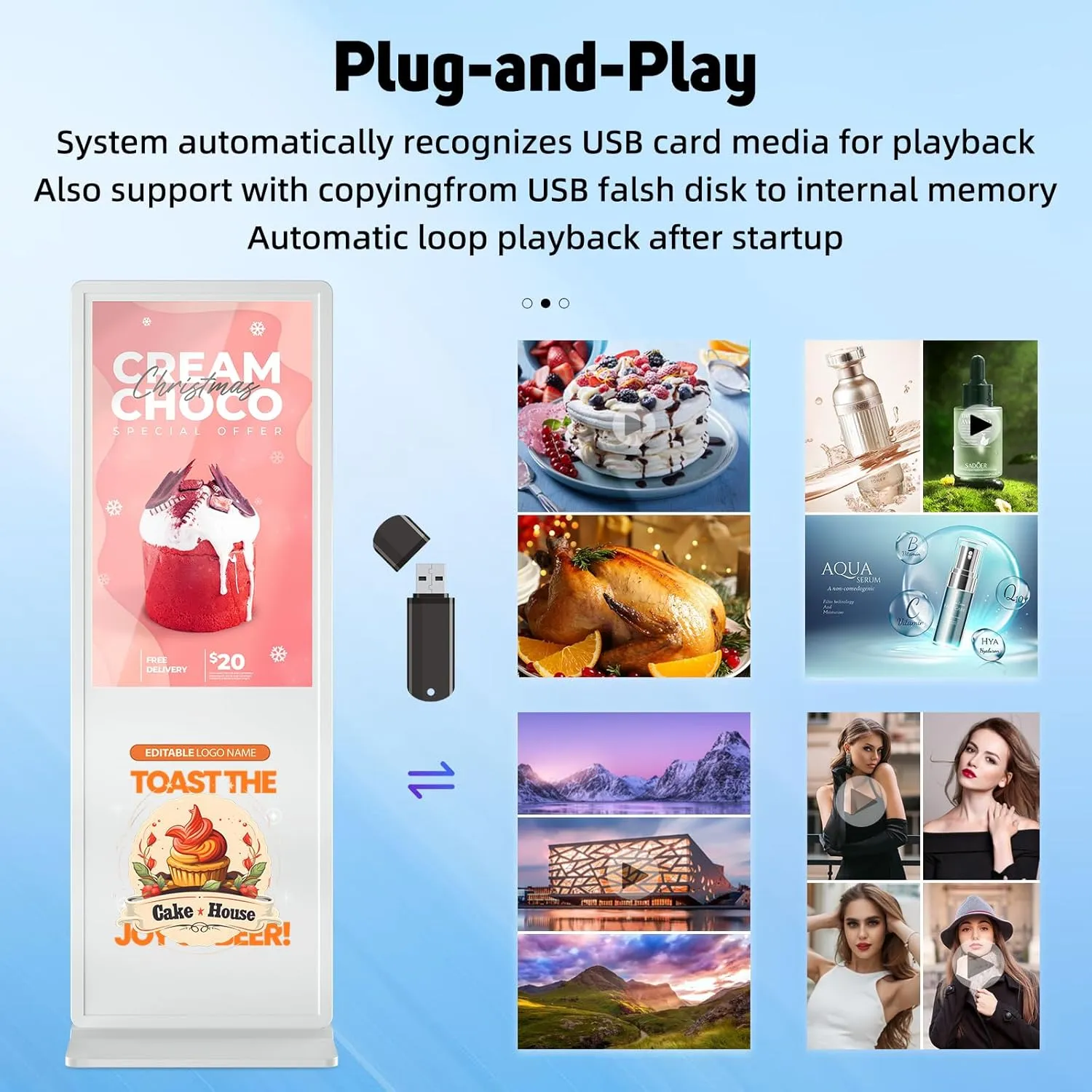 65 inch Indoor Digital Signage 4K Touchscreen IPS Floor Standing Digital Kiosks Interactive Displays with WiFi HDMI/USB Input Auto AD Player, Android OS White