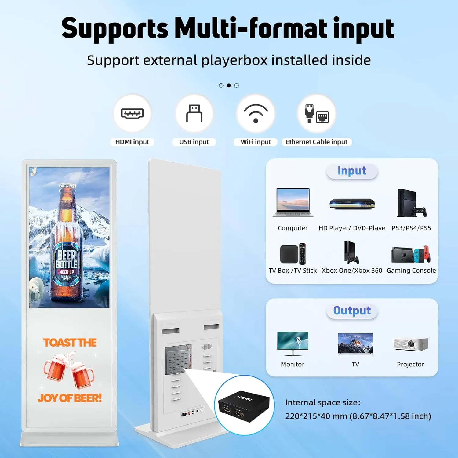 65 inch Indoor Digital Signage 4K Touchscreen IPS Floor Standing Digital Kiosks Interactive Displays with WiFi HDMI/USB Input Auto AD Player, Android OS White