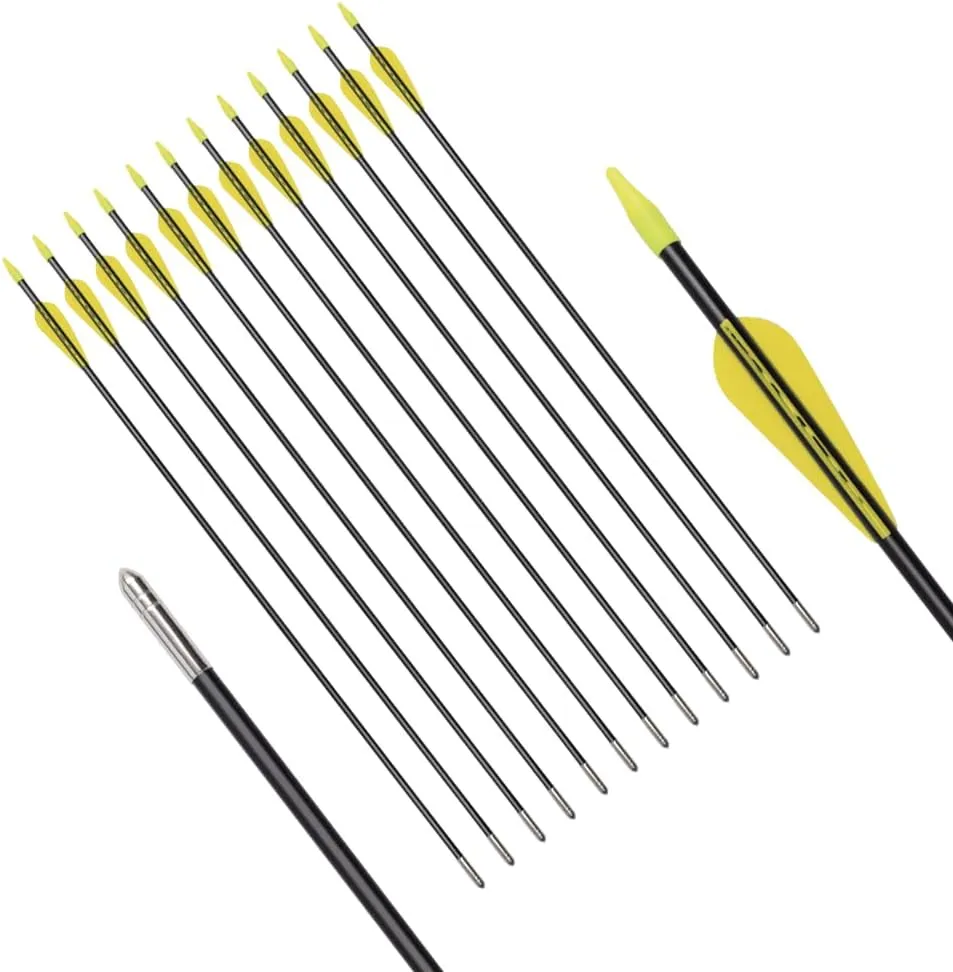 6875 Fiberglass Arrows Archery 24/26/28/30Inch Target Shooting Safetyglass Recurve Bows Suitable for Youth Children Woman Beginner (tigerspot Yellow Vanes)