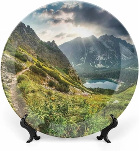6 Inch Decorative Plate, Landscape Ceramic Plate, Mountain by Lake with Fairy Dark Cloudy Sky Spring Dream Spot Print Ceramic Wall Hanging for Home & Office Wall Hanging Decor, Green White Blue