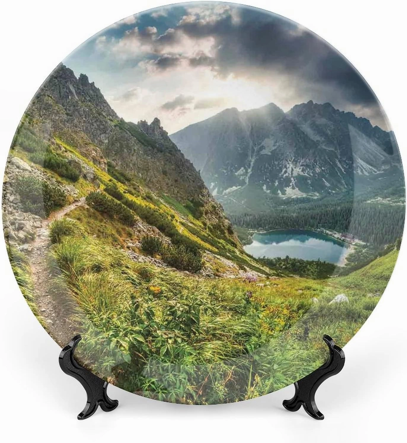 6 Inch Decorative Plate, Landscape Ceramic Plate, Mountain by Lake with Fairy Dark Cloudy Sky Spring Dream Spot Print Ceramic Wall Hanging for Home & Office Wall Hanging Decor, Green White Blue