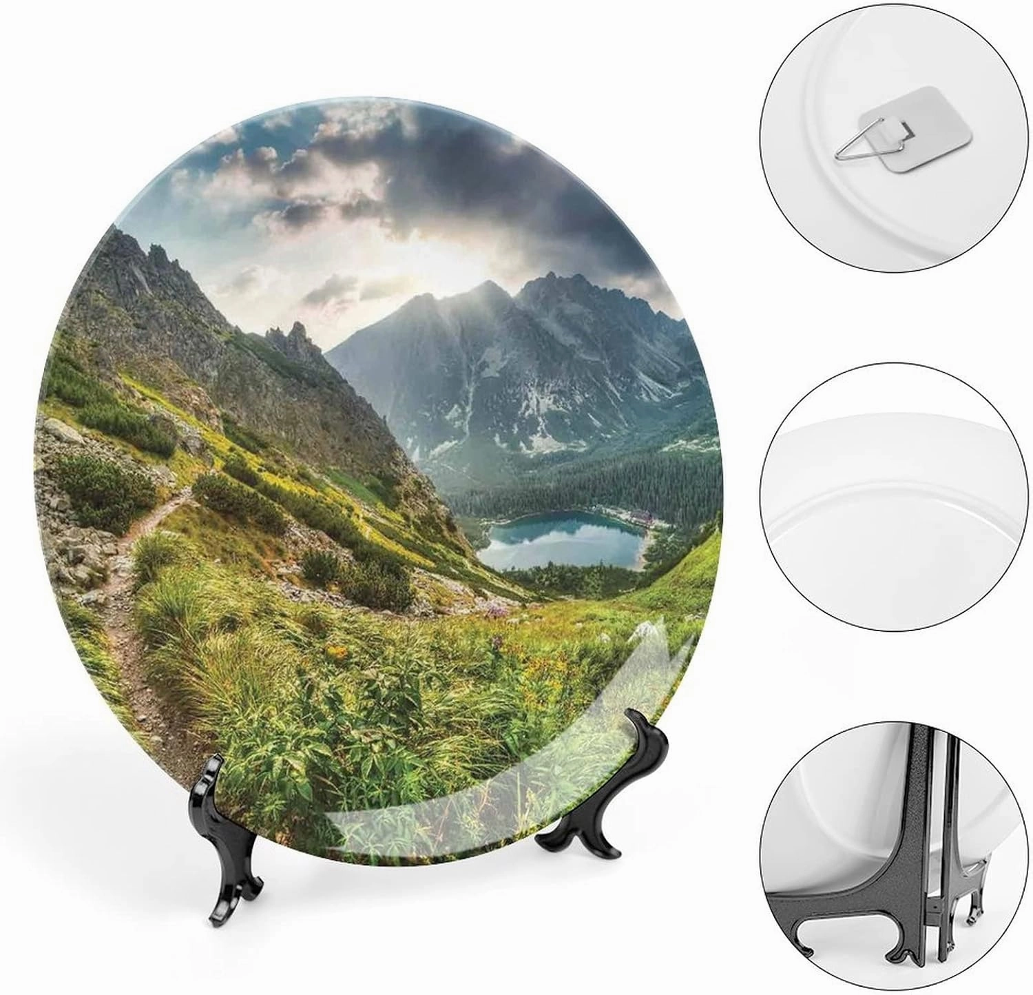 6 Inch Decorative Plate, Landscape Ceramic Plate, Mountain by Lake with Fairy Dark Cloudy Sky Spring Dream Spot Print Ceramic Wall Hanging for Home & Office Wall Hanging Decor, Green White Blue