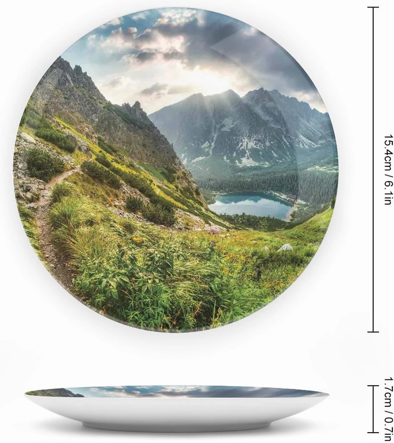 6 Inch Decorative Plate, Landscape Ceramic Plate, Mountain by Lake with Fairy Dark Cloudy Sky Spring Dream Spot Print Ceramic Wall Hanging for Home & Office Wall Hanging Decor, Green White Blue