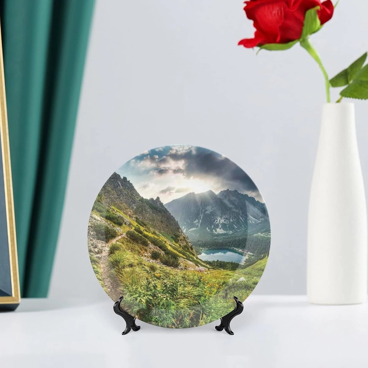 6 Inch Decorative Plate, Landscape Ceramic Plate, Mountain by Lake with Fairy Dark Cloudy Sky Spring Dream Spot Print Ceramic Wall Hanging for Home & Office Wall Hanging Decor, Green White Blue