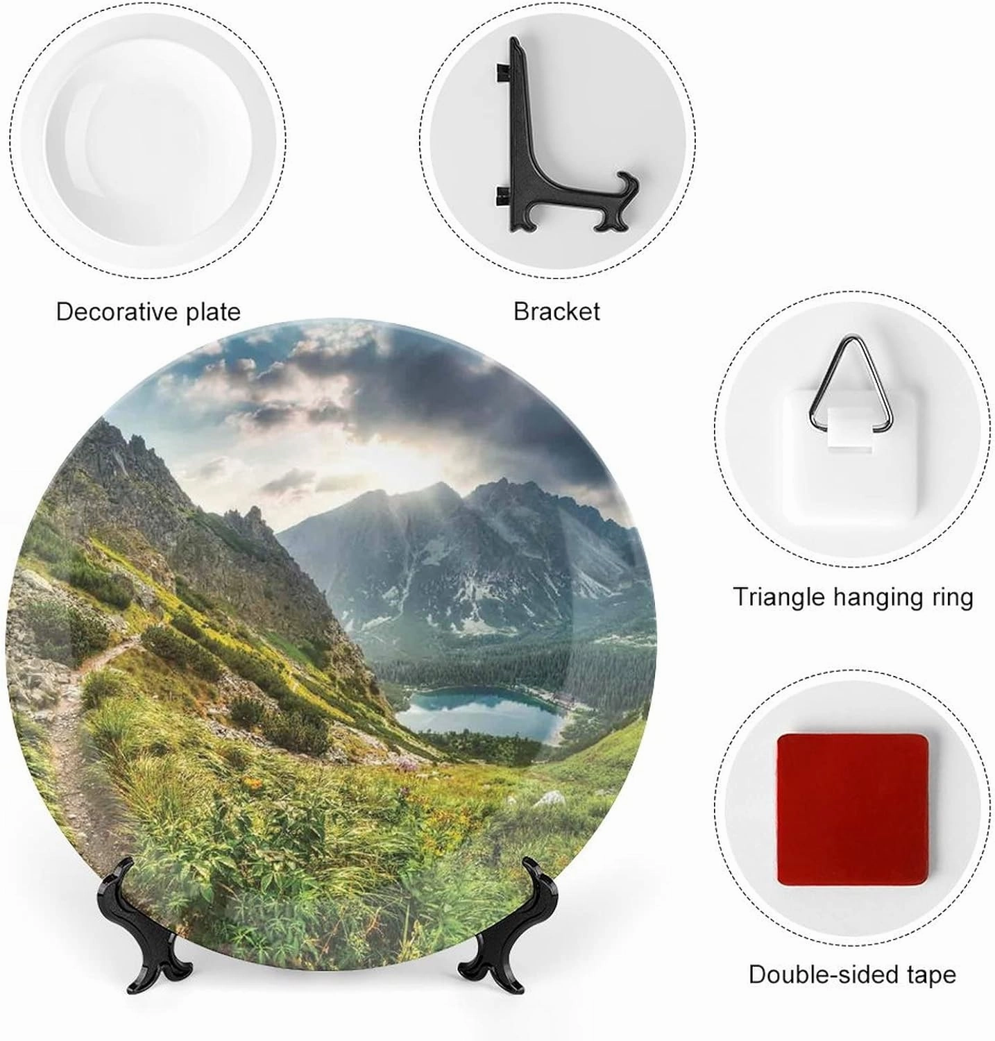 6 Inch Decorative Plate, Landscape Ceramic Plate, Mountain by Lake with Fairy Dark Cloudy Sky Spring Dream Spot Print Ceramic Wall Hanging for Home & Office Wall Hanging Decor, Green White Blue