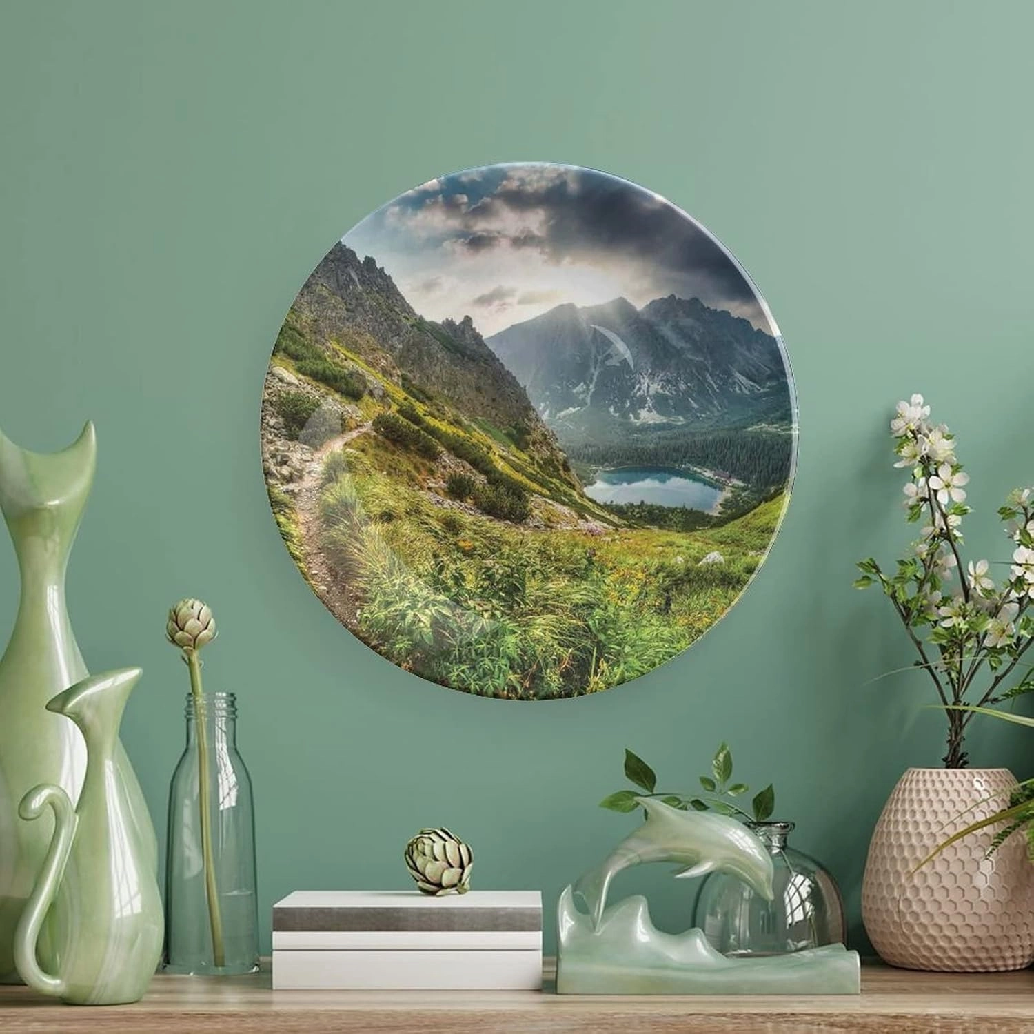 6 Inch Decorative Plate, Landscape Ceramic Plate, Mountain by Lake with Fairy Dark Cloudy Sky Spring Dream Spot Print Ceramic Wall Hanging for Home & Office Wall Hanging Decor, Green White Blue