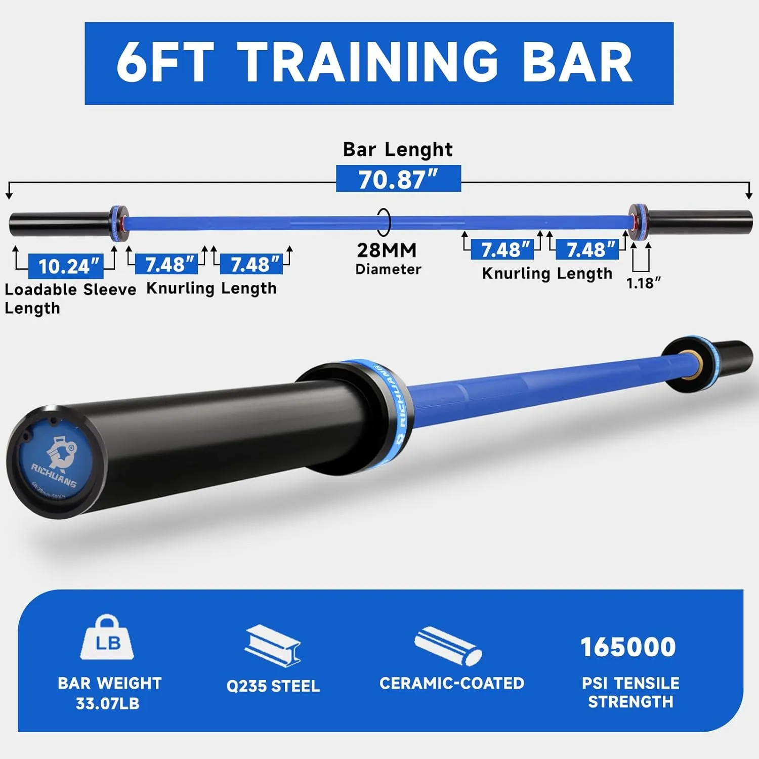 6ft Olympic Barbell – 15kg 2" Olympic Weight Bar for Home Gym, Squat, Deadlift, Press, Curl, 500LB Capacity, Red/Blue/Pink Bar for Strength Training
