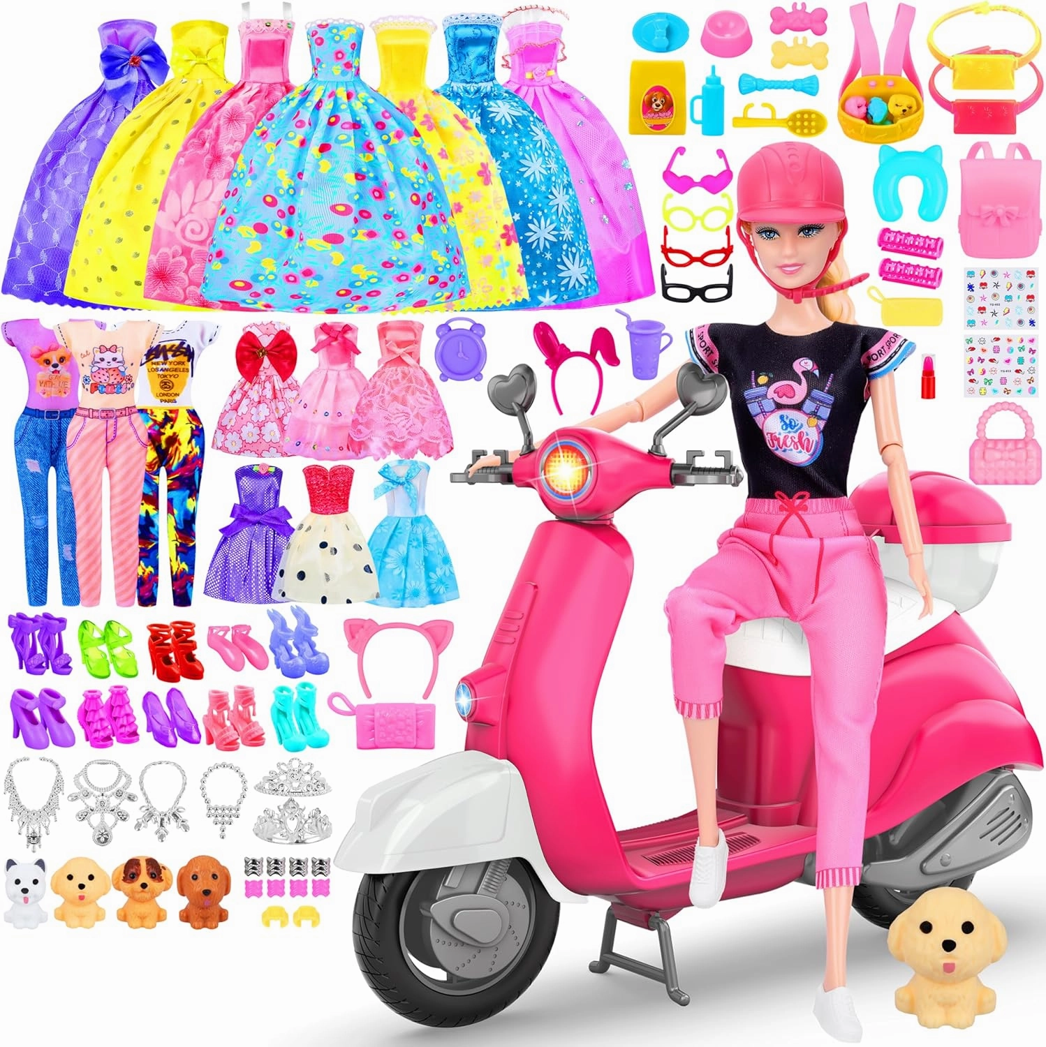 75 Pcs Doll and Scooter Set, Doll Clothes and Accessories, Doll Playset Dress up Toys for Girls Kids Toddlers, Gift Toys for Age 3 4 5 6 7 8