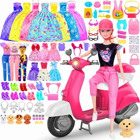 75 Pcs Doll and Scooter Set, Doll Clothes and Accessories, Doll Playset Dress up Toys for Girls Kids Toddlers, Gift Toys for Age 3 4 5 6 7 8