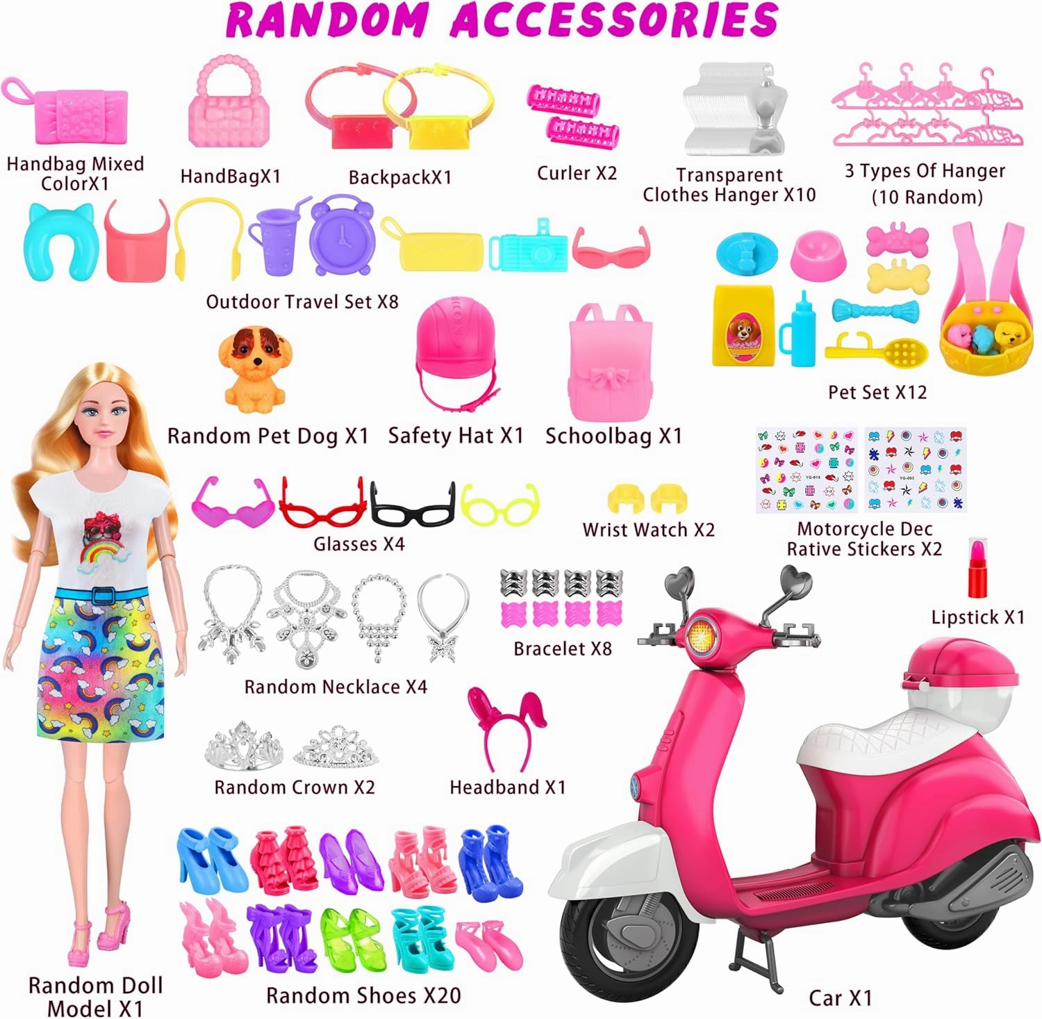 75 Pcs Doll and Scooter Set, Doll Clothes and Accessories, Doll Playset Dress up Toys for Girls Kids Toddlers, Gift Toys for Age 3 4 5 6 7 8