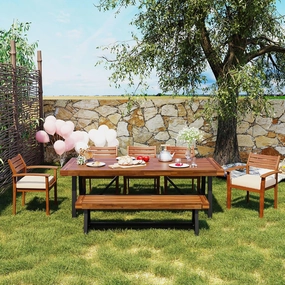7-Piece Outdoor Wood Dining Set, Farmhouse Patio Dining Table with Bench and Chairs for 7-8 Persons, Picnic Conversation Set with Removable Cushions, Garden Club Dining Set for Backyard, Natural